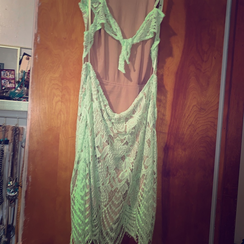Neon Mint Lace Open Back Dress New